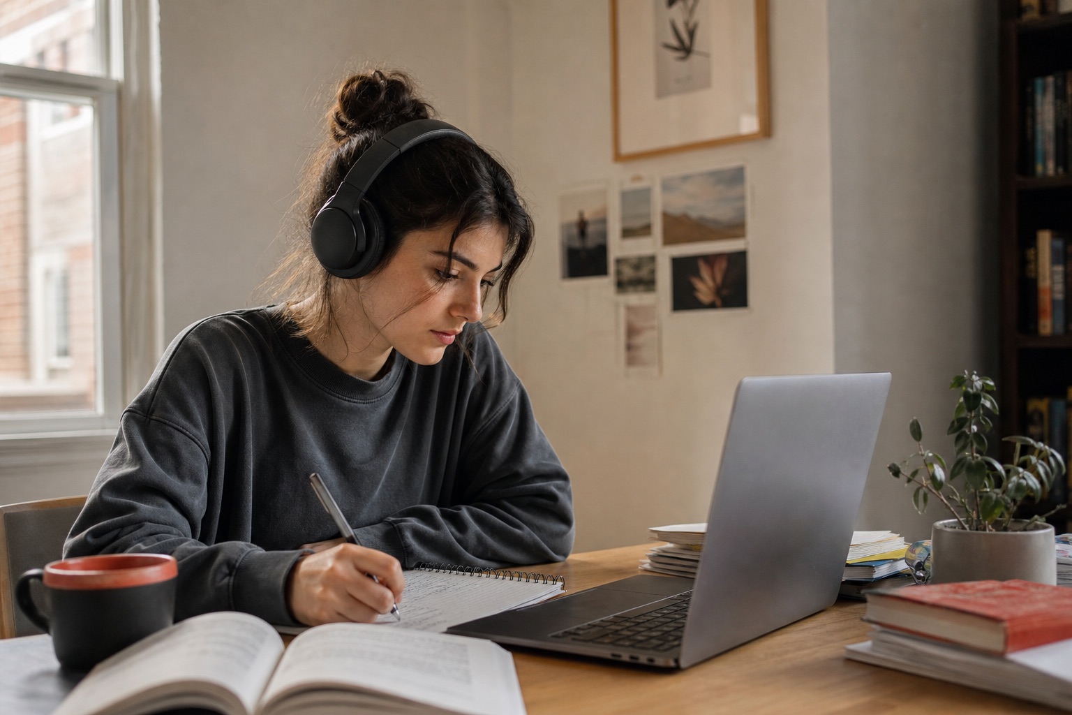 Student wearing headphones while studying from a laptop and handwritten notes
